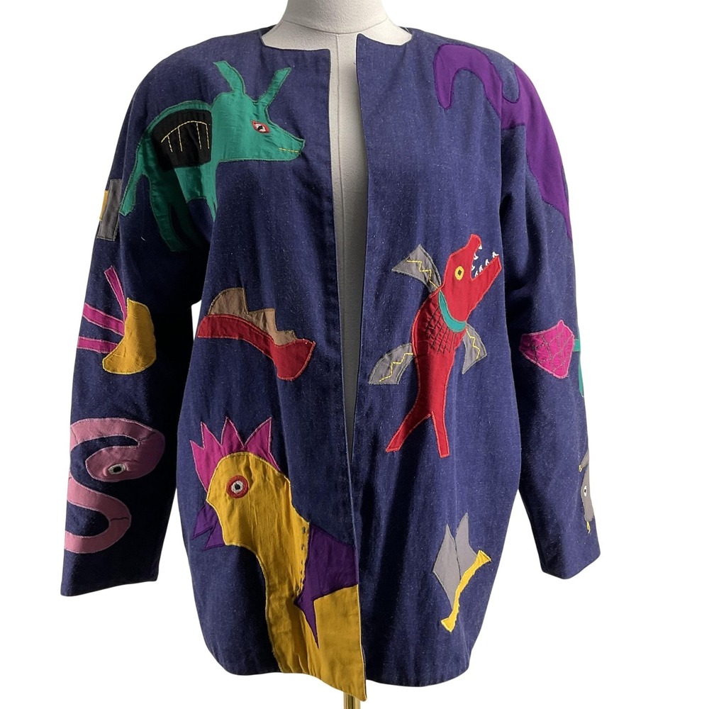 Vintage Girasol Jacket Womens 2 Blue‎ Collarless Lined Embroidered Animals